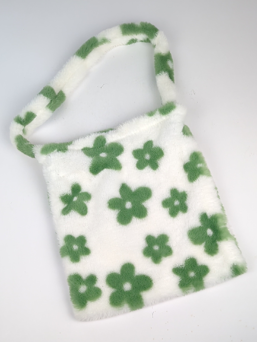 Fuzzy Shoulder Bag With Green Floral Pattern